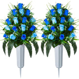 2 Sets Artificial Cemetery Flowers, Grave Decorations Roses, Memorial Flowers Bouquet With Vase For Grave Cemetery Decoration (Dark Blue&Light Blue)