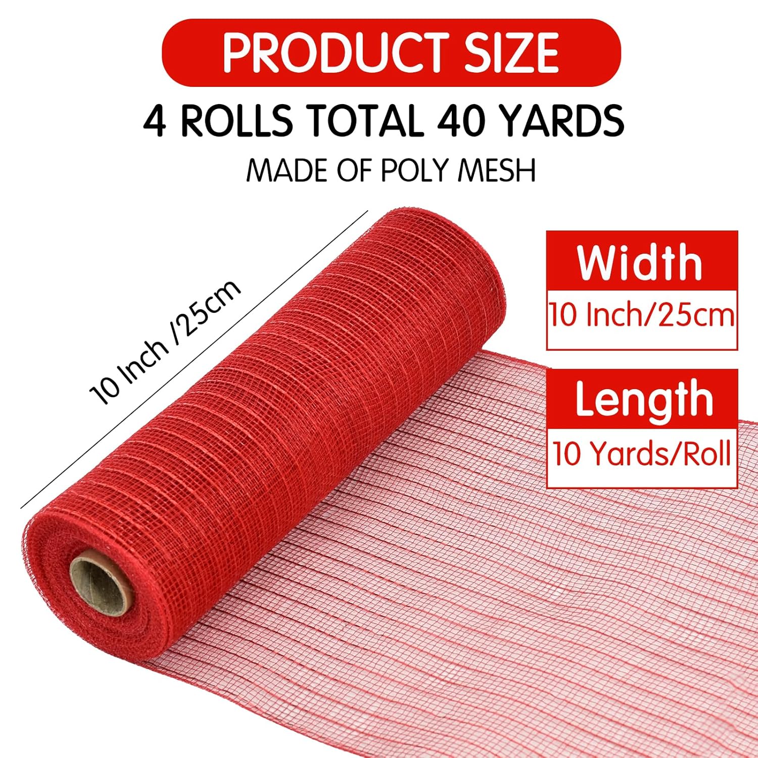 4 Roll 10 Inch Red Striped Decorative Mesh Ribbon Rolls, Fabric Mesh With Foil For Wreaths Front Door Decor Christmas Festival Party Accessories Party Decoration Supplies (10Yds/Roll