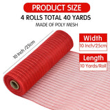 4 Roll 10 Inch Red Striped Decorative Mesh Ribbon Rolls, Fabric Mesh With Foil For Wreaths Front Door Decor Christmas Festival Party Accessories Party Decoration Supplies (10Yds/Roll