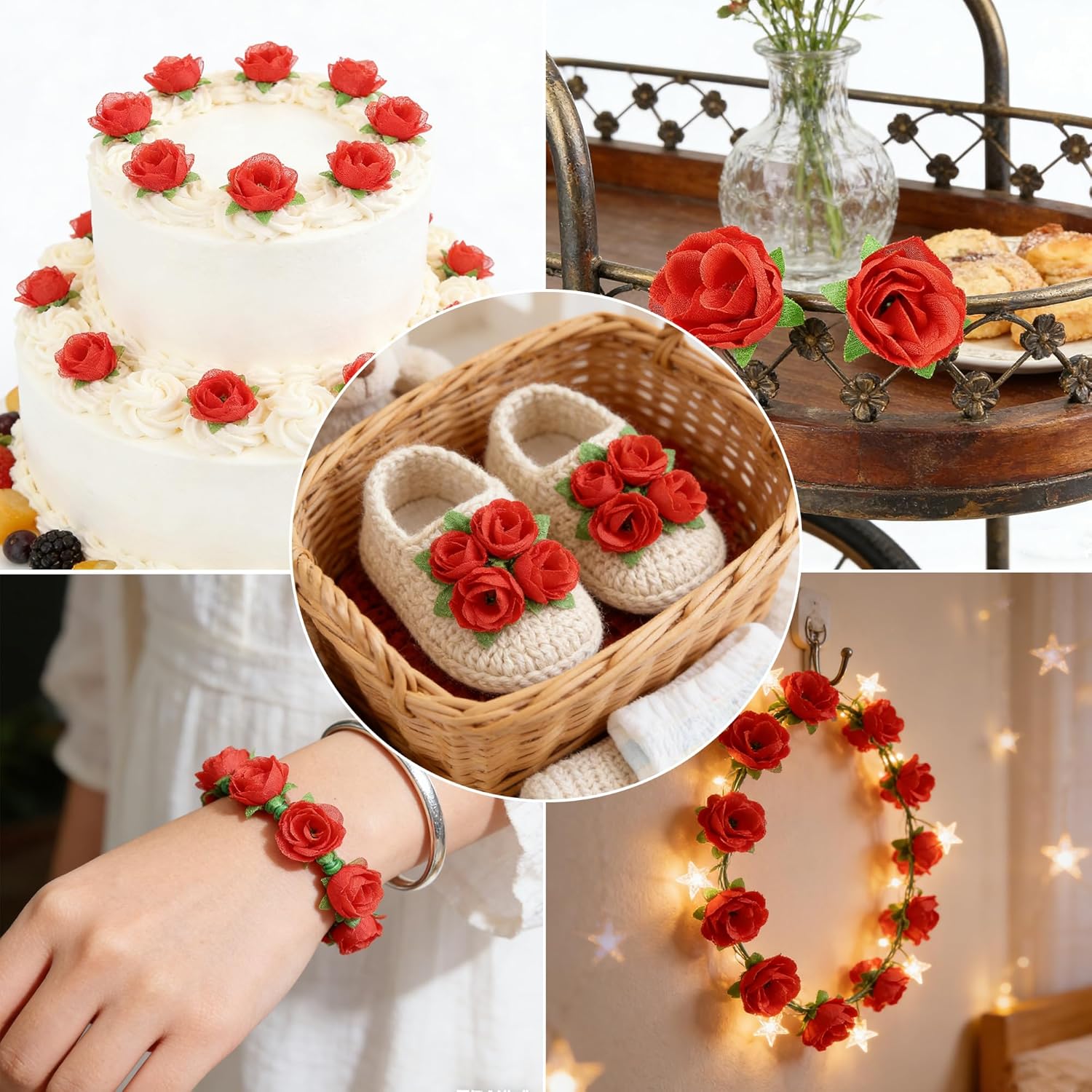 100Pcs 1.3 Inches Mini Red Roses Artificial Flowers Mini Rose Flowers For Crafts Fake Small Silk Rose Head For Wedding Bouquet Diy Party Table Centerpieces Decor
