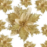 10 Pcs Christmas Artificial Flowers With Clips Stems Xmas Tree Decoration Glitter 5.5Inch Poinsettias Faux Christmas Flower For Wreath Garland New Year Wedding Home Party Ornament, (Gold)