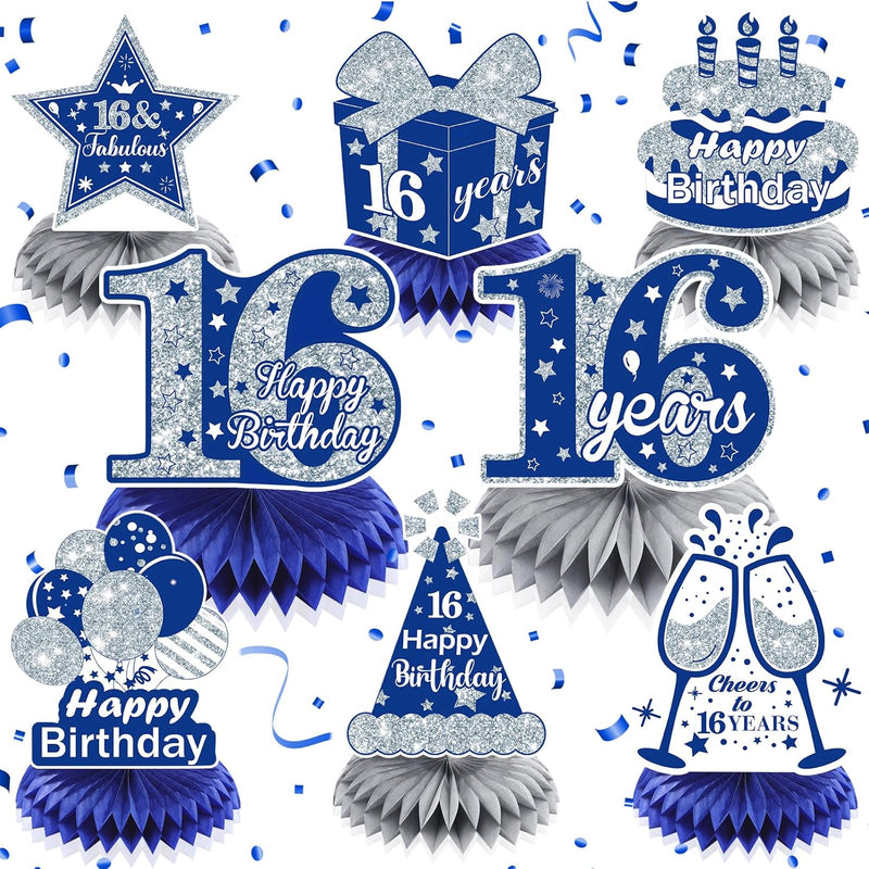 8Pcs Blue 16Th Birthday Decorations Navy Blue Silver Happy 16Th Birthd