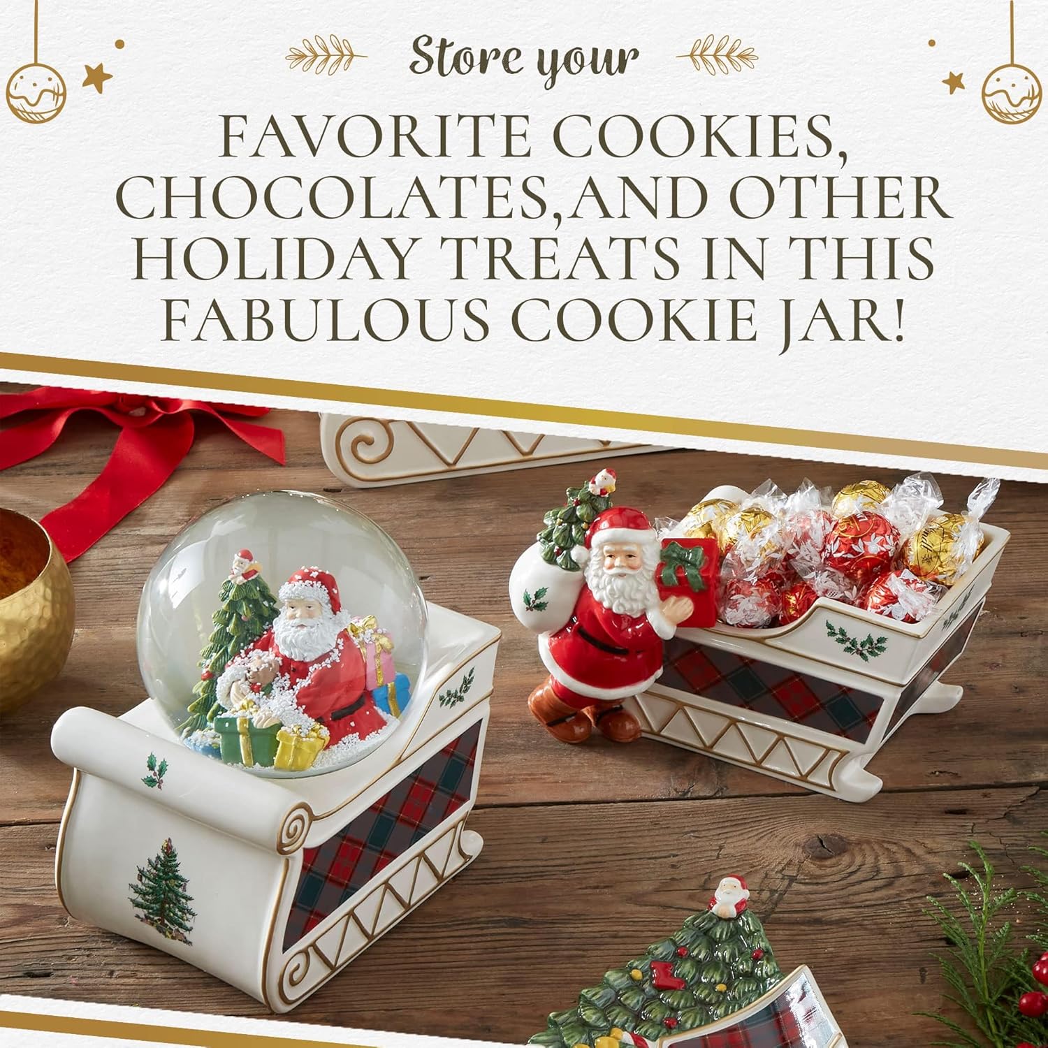 Christmas Tree Santa In Sleigh Cookie Jar - 13.25" Dolomite Holiday Candy Container With Lid - Festive Kitchen Counter Decor, Seasonal Treat Jar, Gift