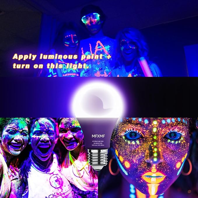 4 Pack A19 LED Black Light Bulbs 9W E26 Dimmable UVA 385-400NM for Glow Parties Halloween