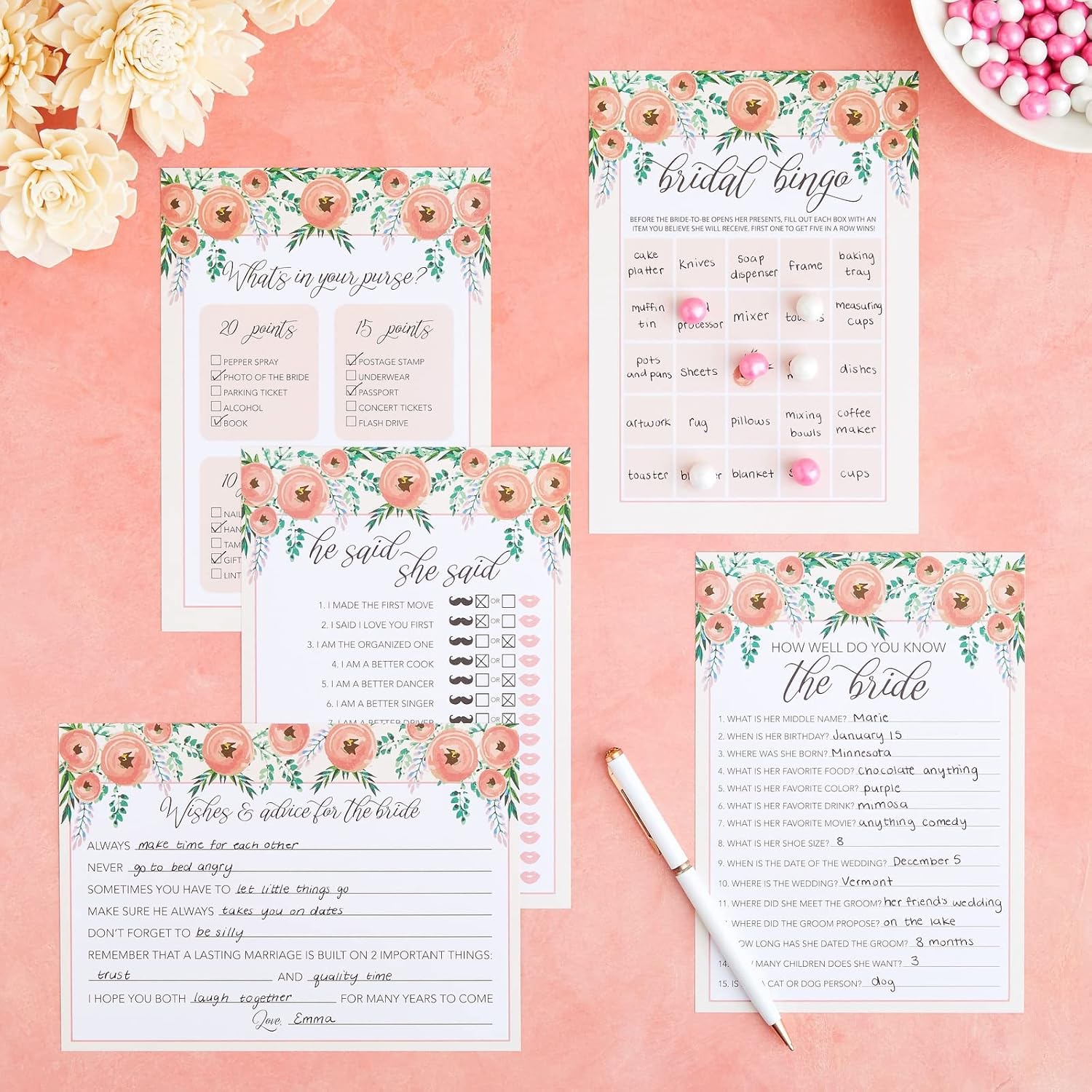 Bridal Shower Games Set - 5X7-Inch Floral Cardstock, 5 Games, 250 Cards For Bridal Shower Party Favors, Wedding Advice Cards & Engagement Party Entertainment