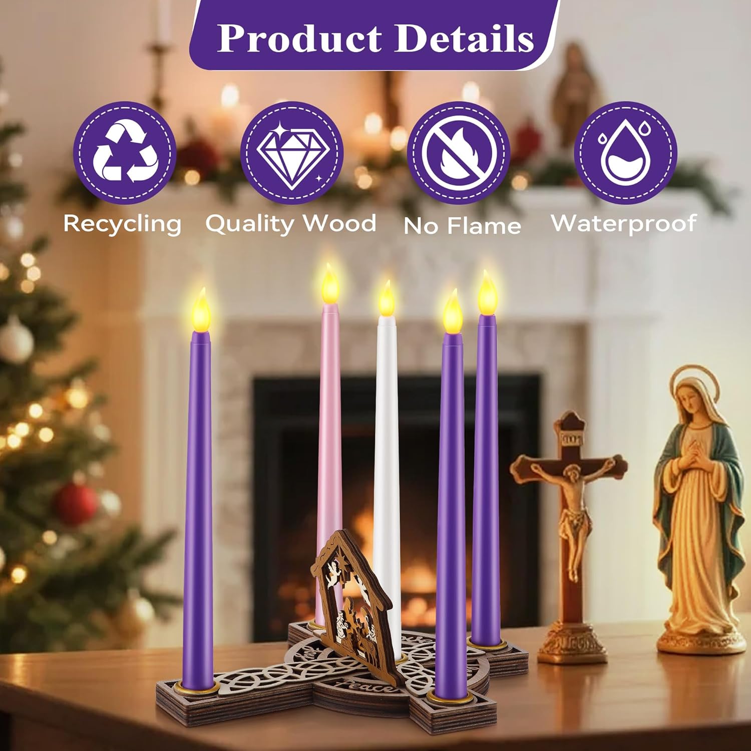 Christmas Advent Wreath Candle Holder With 5 Pcs Flameless Advent Candle, Wood Cross Shaped Nativity Scene Candlestick With Celtic Knot For Christmas Home Church Table Centerpiece Decor
