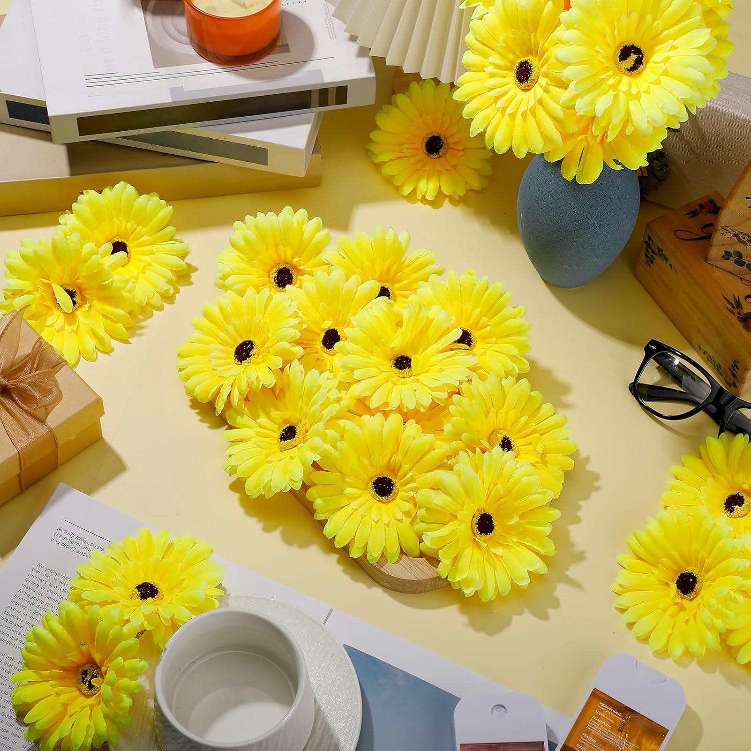 100 Pcs Flowers Long Stem Artificial Daisy, 4 Inches Silk Gerbera Head Flowers Fake For Wedding Bridal Bouquet Home Floral Diy Day Of The Dead Tables Centerpieces Party Decoration (Yellow)