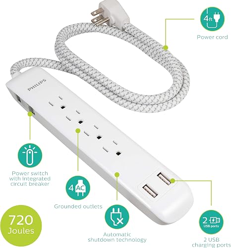 Philips 4 Outlet Power Strip Surge Protector with 2 USB Ports, 4 Ft Power Cord, Designer Braided Extension Cord, Flat Plug Extension Cord, 720 Joules, White, SPC6244WC/37