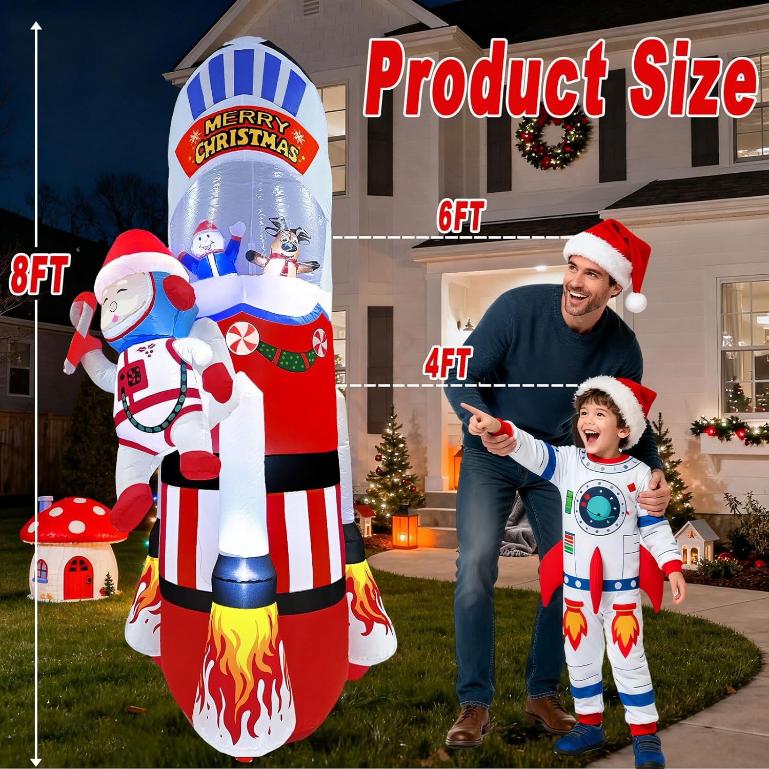 8Ft Christmas Inflatables Christmas Decorations Outdoor, Blow Up Santa Claus Snowman Reindeer Rocket Yard Decoration Bui