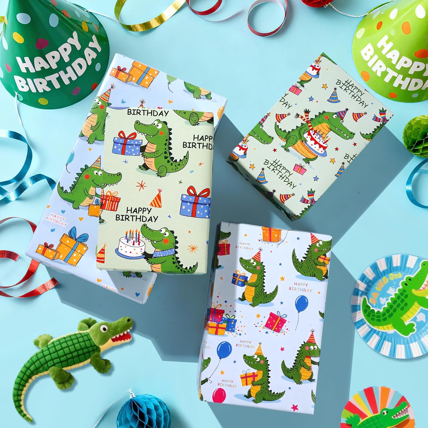 Alligator Birthday Wrapping Paper 12 Sheets Happy Birthday Themed Gift Wrap With Cartoon Crocodile & Gift Box Designs,20"×28"