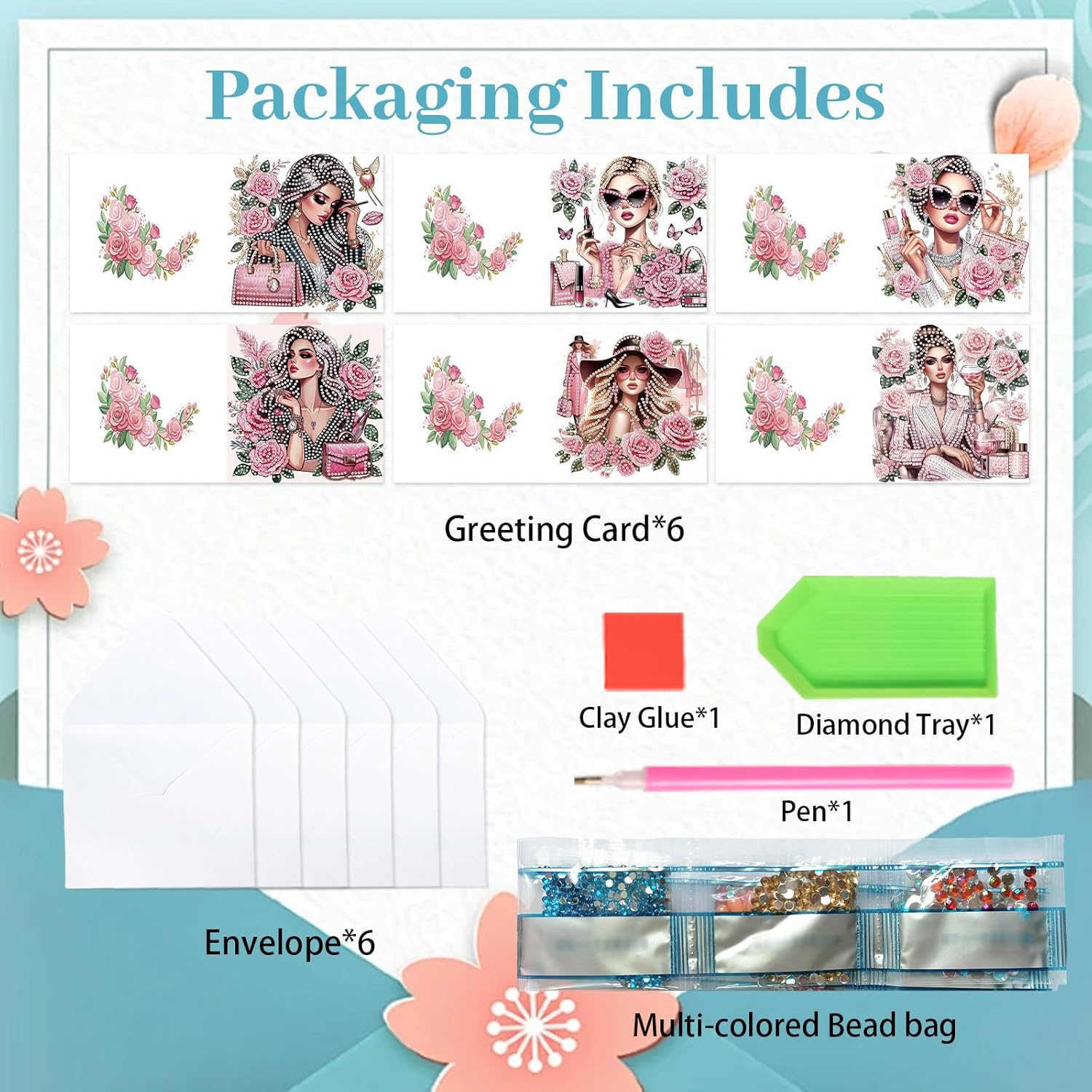 6 Pack 5D Diamond Painting Greeting Cards, Elegant Woman With Floral Design Diy Diamond Art Cards With Envelopes, Handmade Rhinestone Birthday Wedding Thank You Cards For Adults