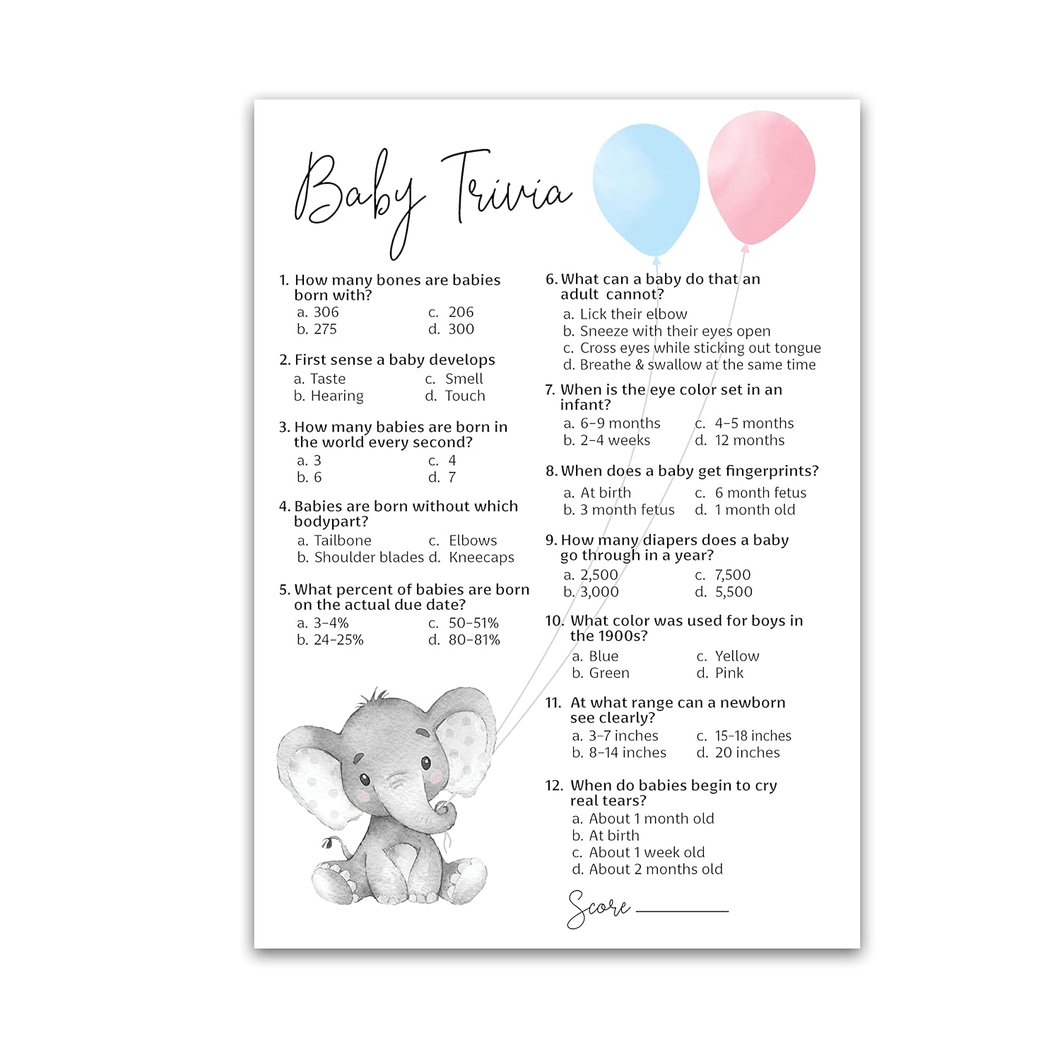 Gender Reveal Party Game — Baby Trivia Game — Pack Of 25 — Elephant Pink Or Blue Fun Baby Facts Games, Blue Or Pink Trivia Gender Neutral Baby Shower Games Activities, Coed Couples Shower G510-Trv