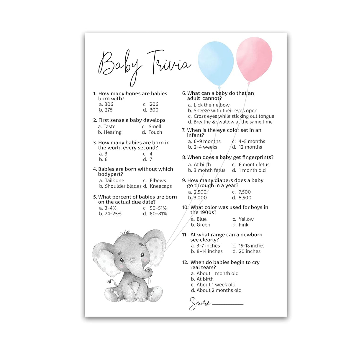 Gender Reveal Party Game — Baby Trivia Game — Pack Of 25 — Elephant Pink Or Blue Fun Baby Facts Games, Blue Or Pink Trivia Gender Neutral Baby Shower Games Activities, Coed Couples Shower G510-Trv