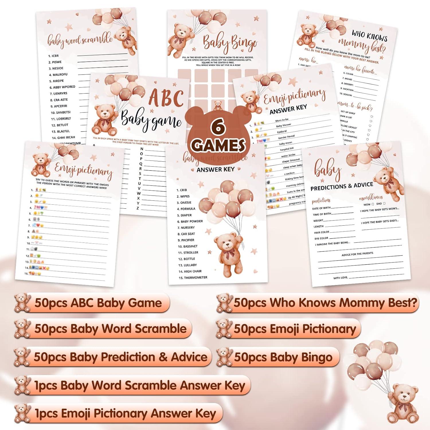 302Pcs Teddy Bear Baby Shower Game Set - 6 Activities For 50 Guests, Gender Neutral Includes Abc, Bingo, Word Scramble, Prediction And More, Each 5X7 Inches