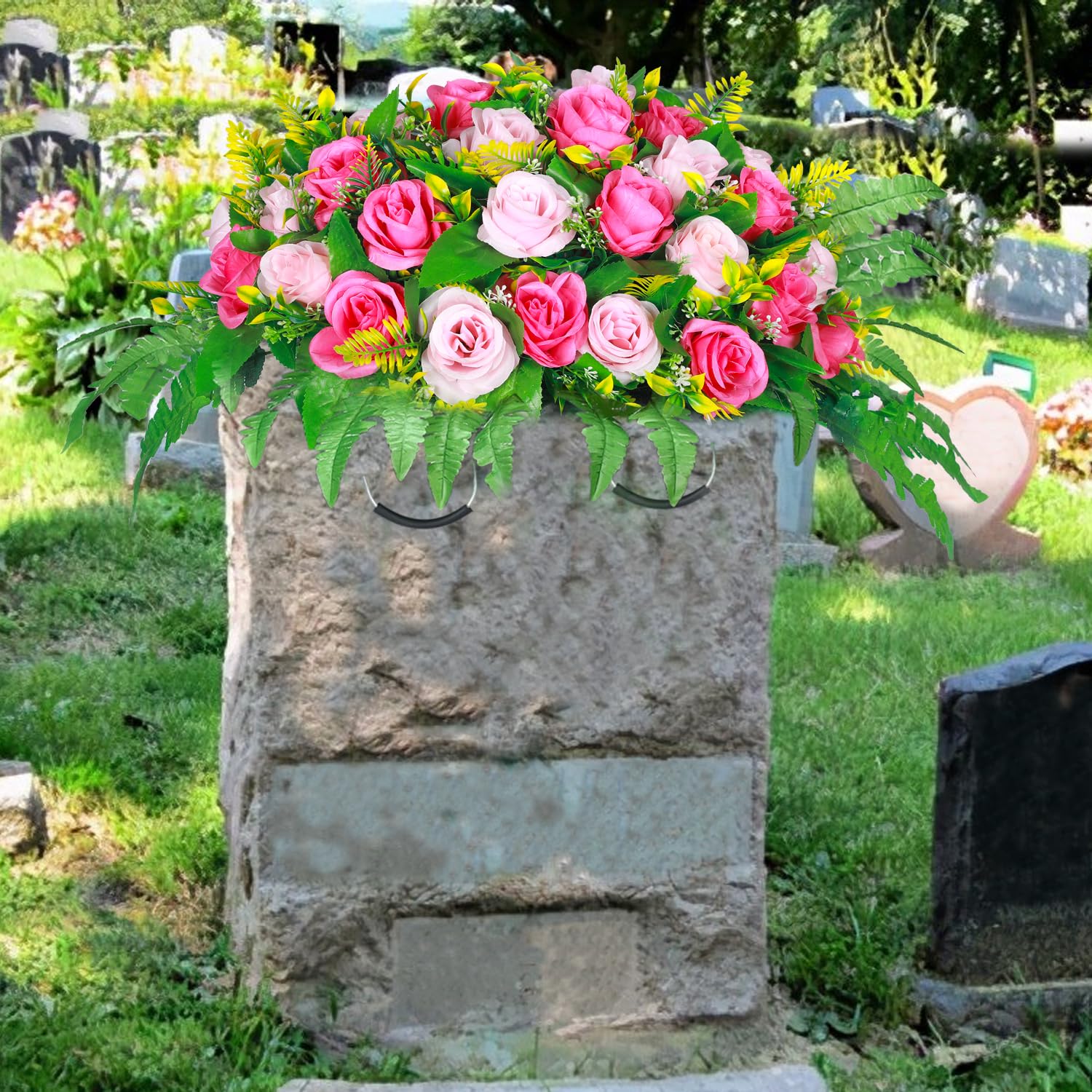 Artificial Cemetery Flowers, Artificial Silk Flower Arrangement,Artificial Rose Bouquet Grave Memorial Flowers With Headstone Flower Saddle For Graveyard Headstones Decoration (1, Pink And Red)