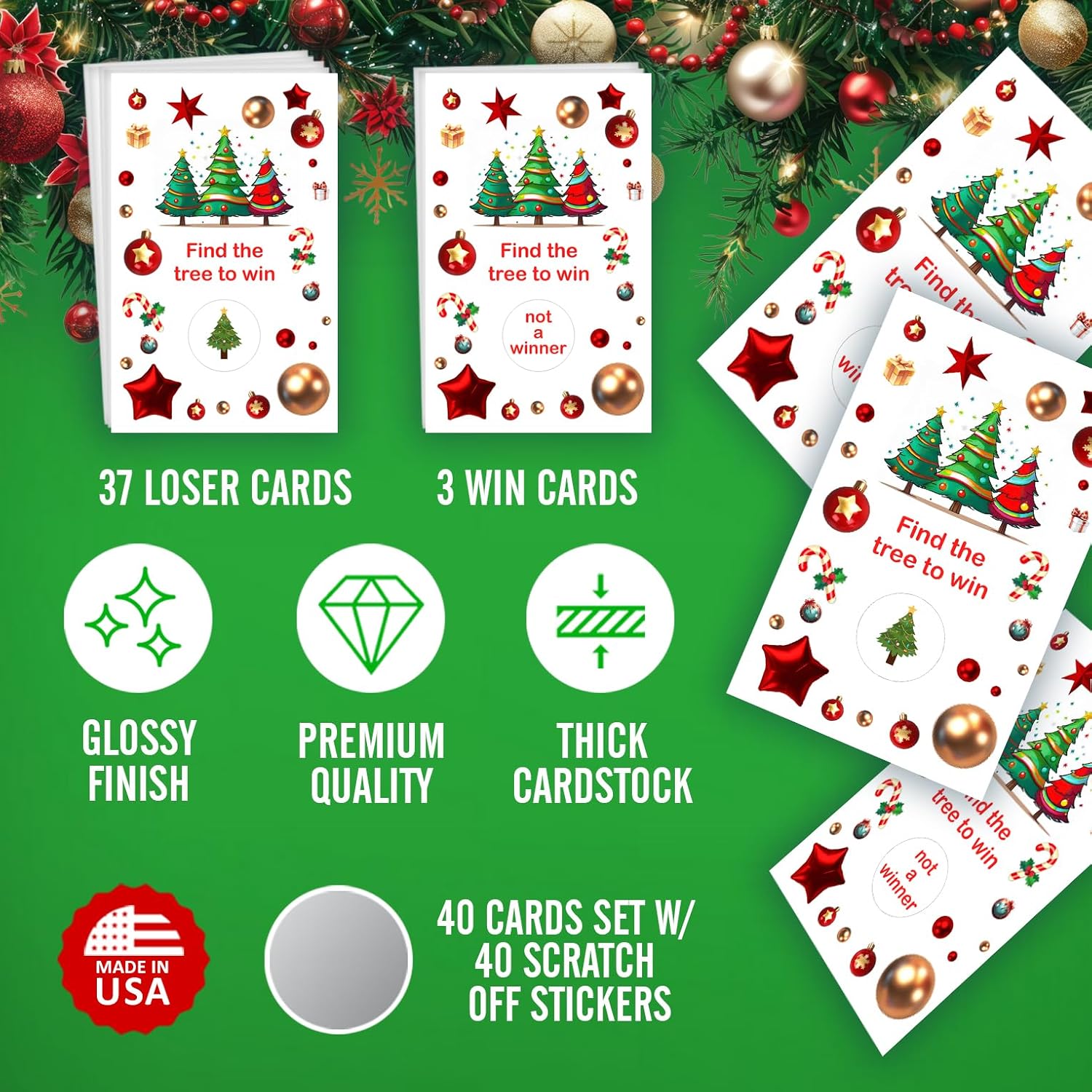 Tree Christmas Party Game Scratch Off, Find The Tree Easy To Play Silly Games, Fun Idea, Ice Breaker Activity. Raffle Cards, Set Of 40 Cards, Merry Christmas. Made In Usa