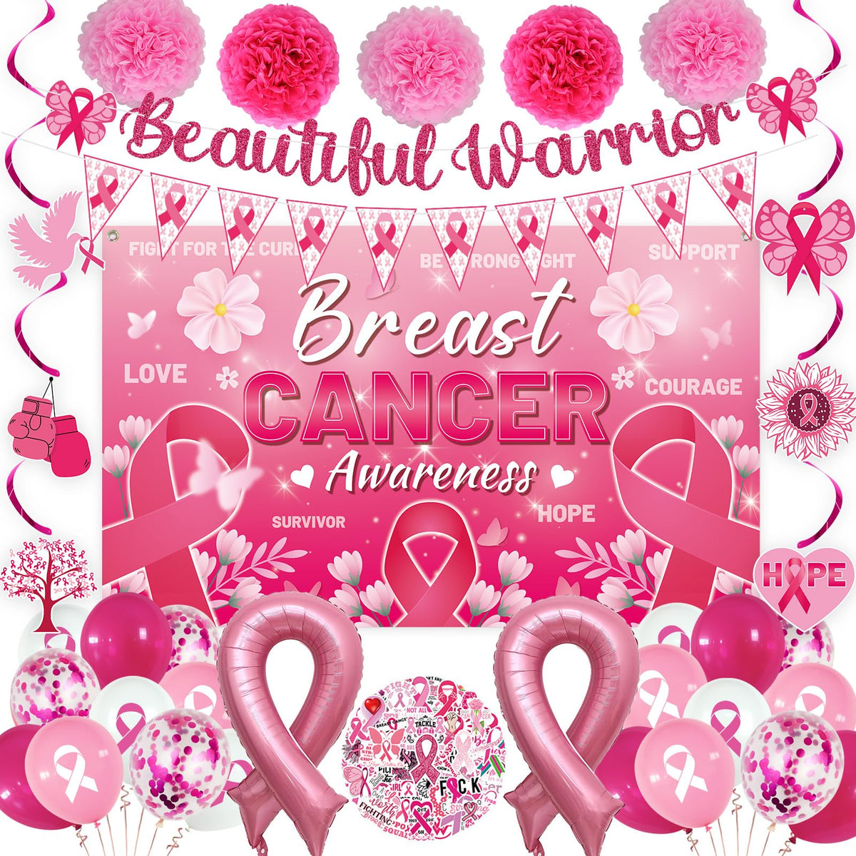 Pink Breast Cancer Awareness Decorations with Backdrop, Banner