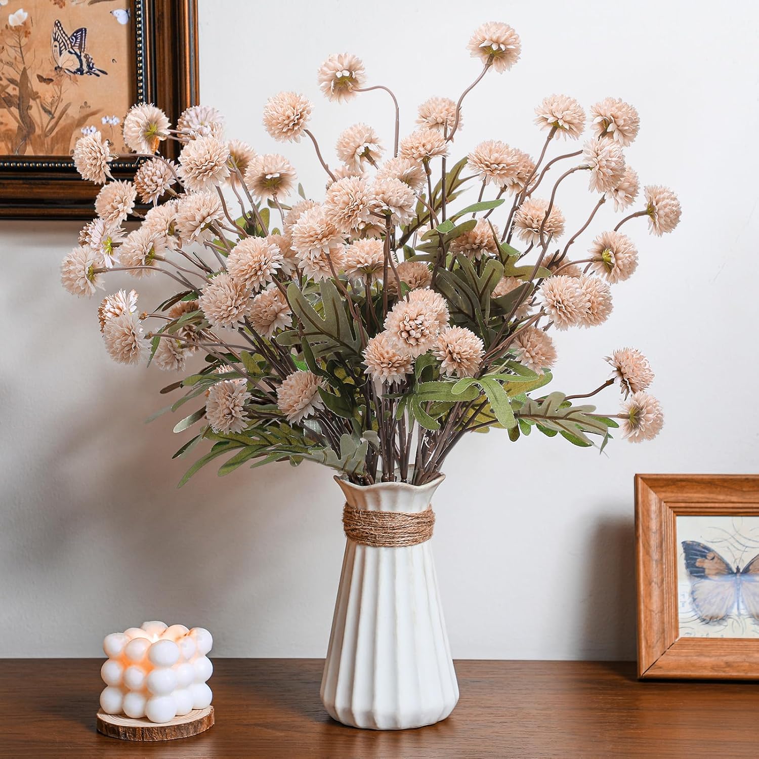 6 Pcs Artificial Pompon Mums Light Pink Faux Silk Mini Chrysanth Fake Flower Small Chrysanthemum Ball With Stem For Diy Bouquet Centerpieces Floral Arrangement Wedding Fillers Shower Decoration
