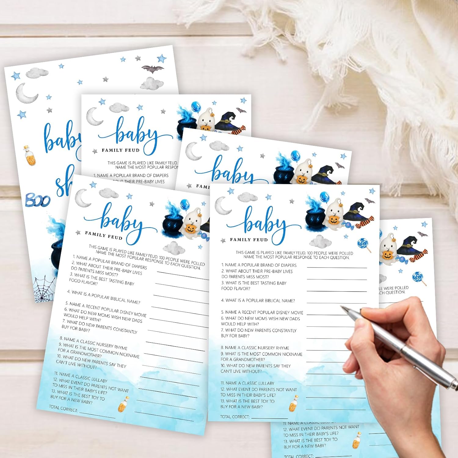 Hilarious Baby Shower Games, Halloween Baby Family Feud, 30 Double-Sided Game Cards & 1 Answer Card For Little Ghost Gender Reveal Spooky Party Favor Supplies - C08