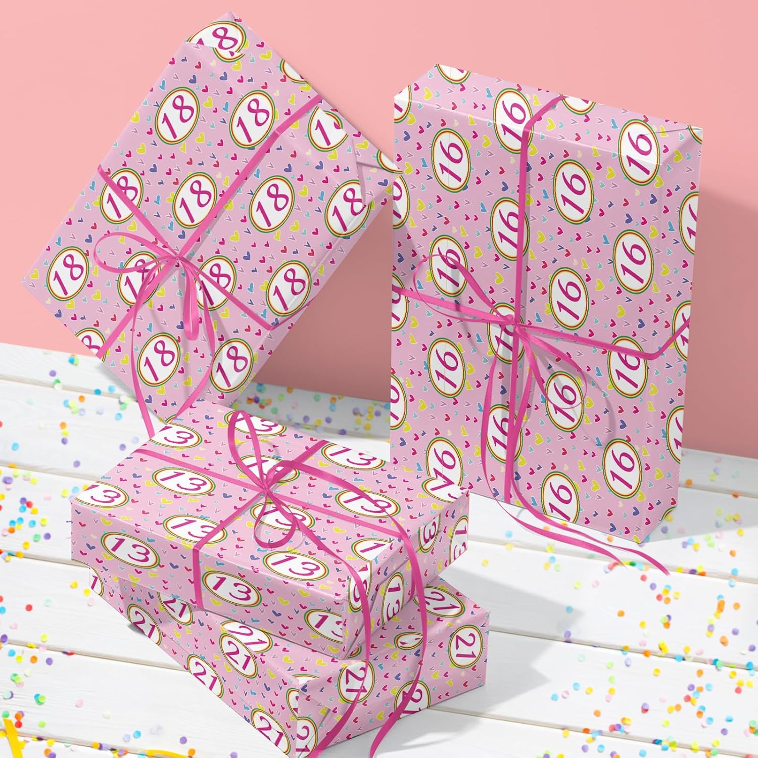 16Th Birthday Wrapping Paper Roll, Pink Happy 16Th Birthday With Heart Gift Wrap For For Age16 Teens, Kids, Girls, Friends, Mini Roll, 17 Inches X 16.4 Feet, 16 Years Old