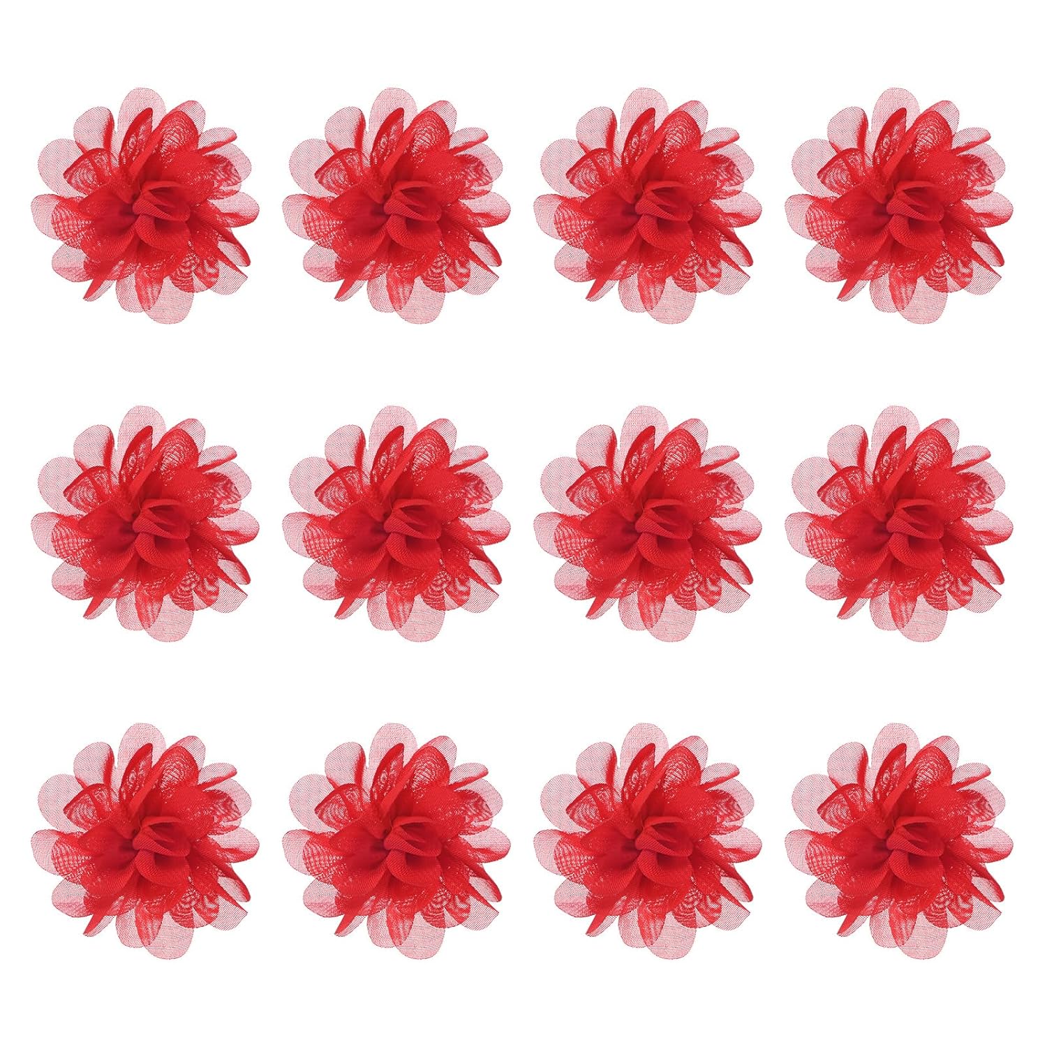 12-Pack Chiffon Flowers 1.97 X 1.97 Inch Mesh Fabric Flowers Full Chiffon Flowers Hair Clips Flower For Home Decor/Wedding/Headbands/Diy/Party/Garden [Bright Red]