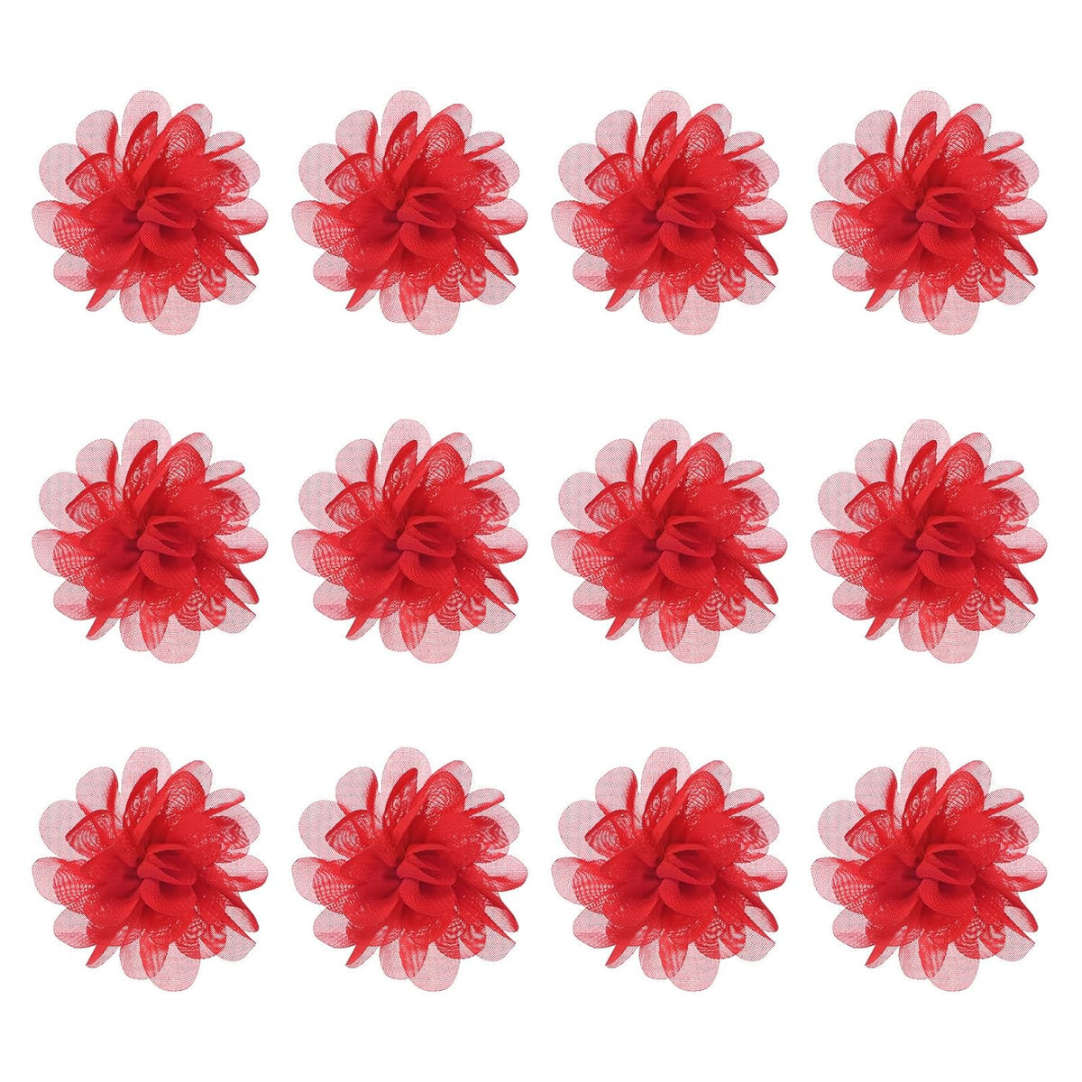 12-Pack Chiffon Flowers 1.97 X 1.97 Inch Mesh Fabric Flowers Full Chiffon Flowers Hair Clips Flower For Home Decor/Wedding/Headbands/Diy/Party/Garden [Bright Red]