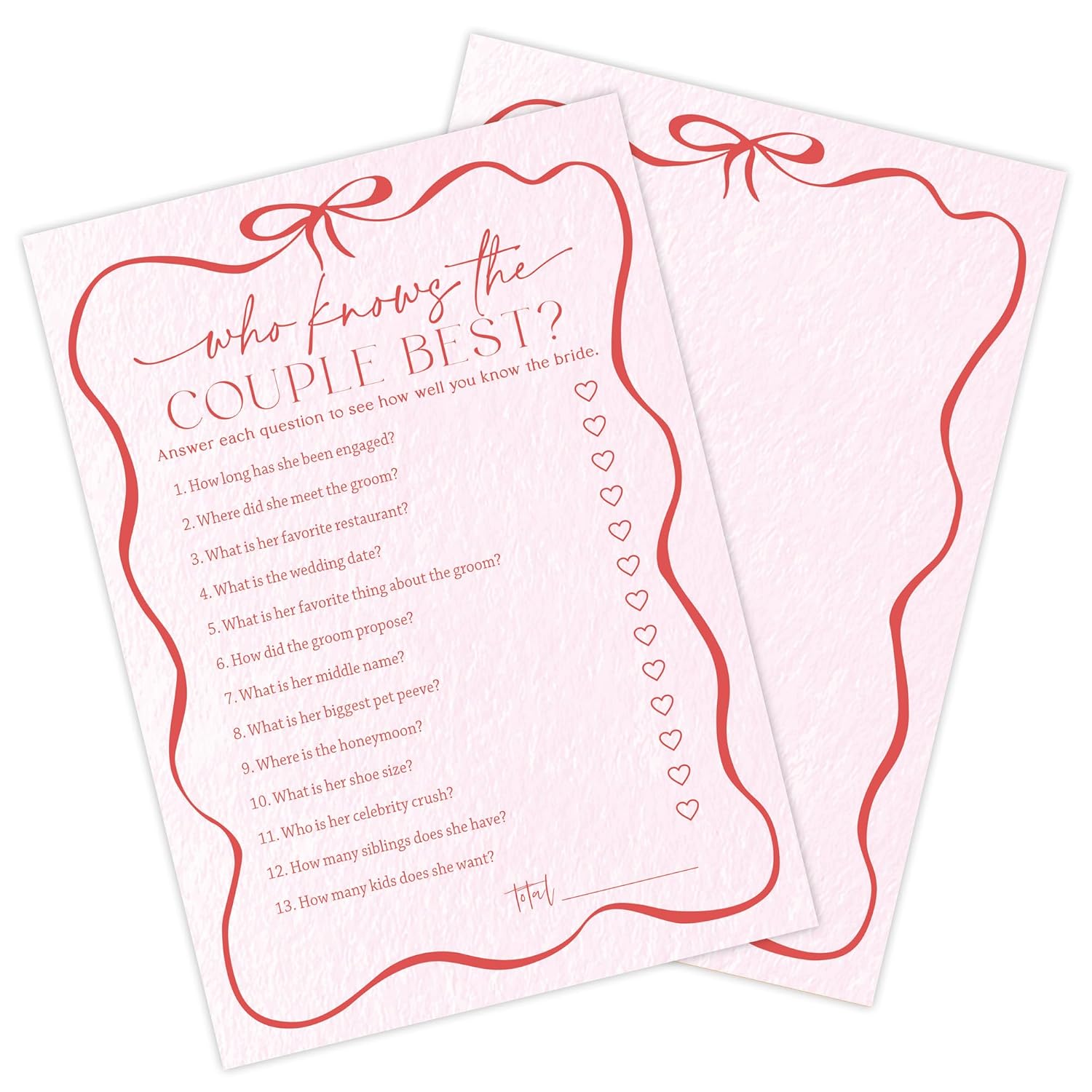 5" X 7" Pink Bow Bridal Shower Game Cards - Who Knows The Couple Best - 30Pcs Double-Sided Fill-In Wedding Game Cards, Engagement & Wedding Party, Activities & Decor- A05