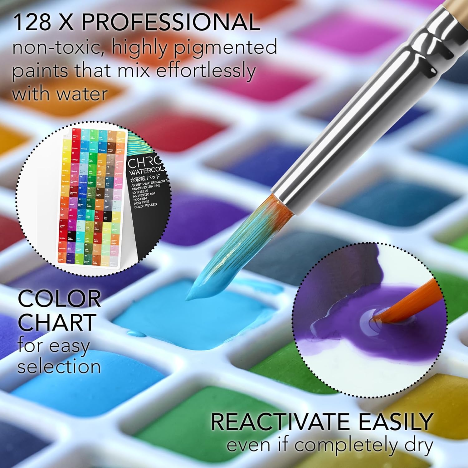 Watercolor Paint Set – 128 Vibrant Colors For Artists & Beginners With Palette – Includes Metallic, Fluorescent, Pastel & Opaque Shades, Brushes, Pad, Swatch Sheets & Travel Case