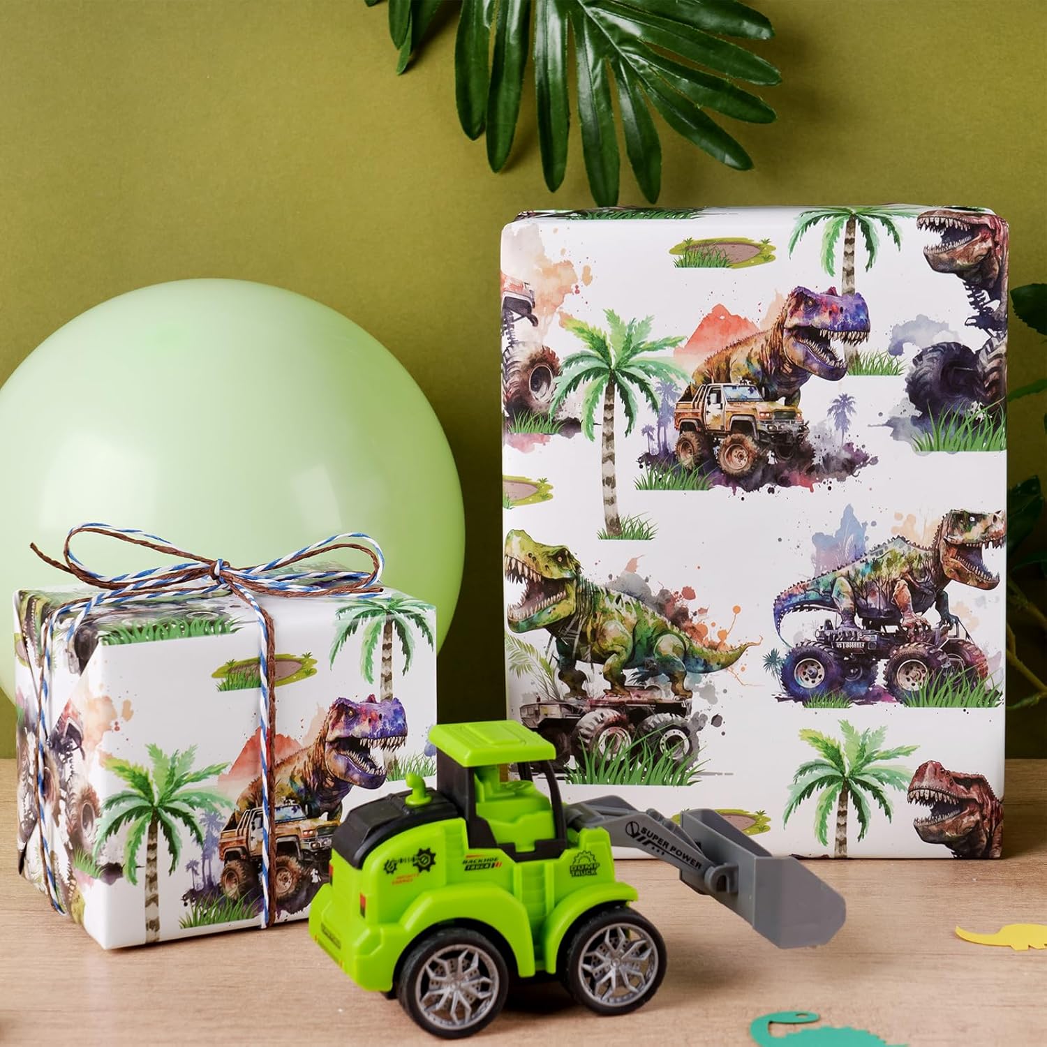 Dinosaur Wrapping Paper Roll For Kids Boys, Mini Roll, Watercolor T-Rex And Monster Truck Gift Wrap Paper For Birthday, Dino Party, Adventure Celebration, 17 Inches X 16.4 Feet