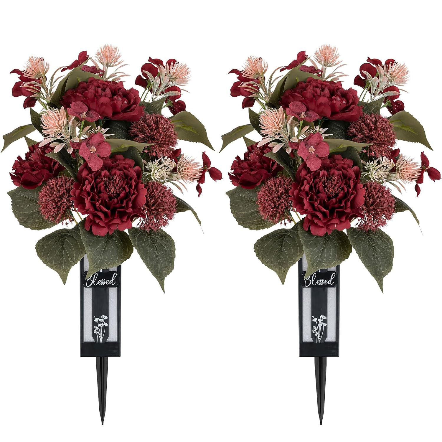 Red Cemetery Flowers For Grave: 2 Pcs Peony Grave Flower Bouquets For Cemetery Decorations - Spring Outdoor Gravesite Flowers With Vase