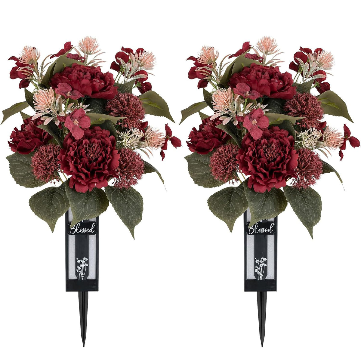 Red Cemetery Flowers For Grave: 2 Pcs Peony Grave Flower Bouquets For Cemetery Decorations - Spring Outdoor Gravesite Flowers With Vase