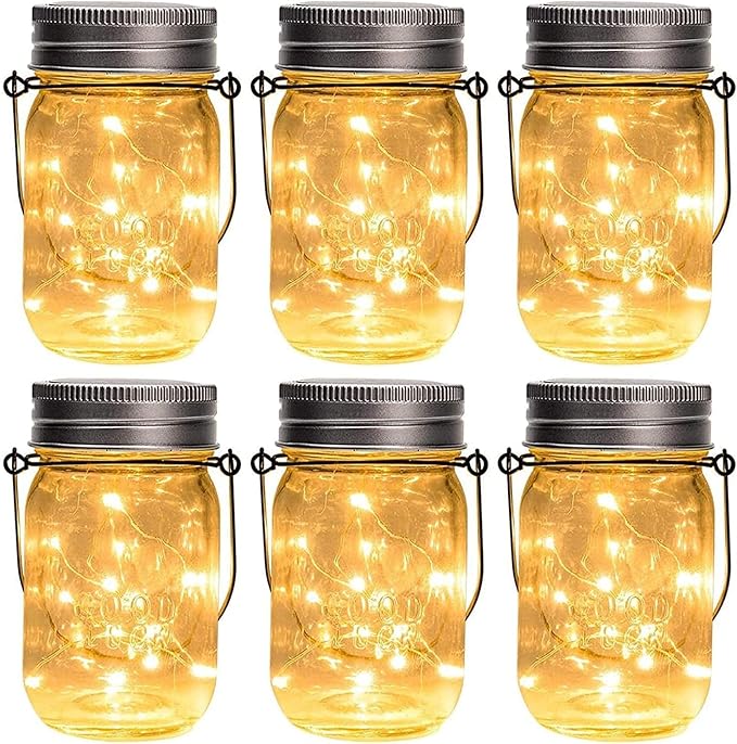 6 Pack Hanging Mason Jar Solar Lights 30 LED Waterproof Outdoor Lanterns with Jars