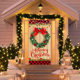 Merry Christmas Wood Grain Plaid Edge Wreath Banner For Farmhouse Door Decoration