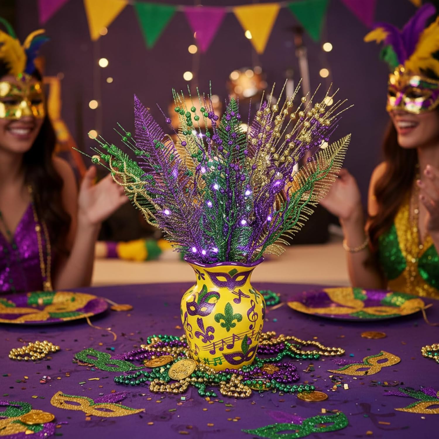 18 Pcs Mardi Gras Glitter Tree Picks Purple Gold Green Centerpiece Table Decor 17.7 Inch Mardi Gras Tree Topper Decor Branches Ornaments Carnival Decoration(Novelty)