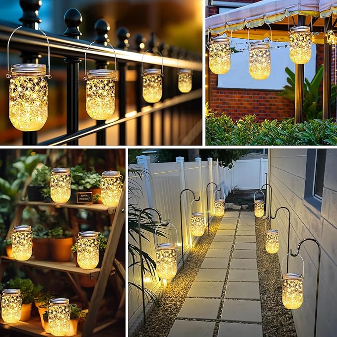 12 Pack Solar Mason Jar Lights Lids 30 LED Fairy Lights Warm White Firefly Lights for Patio Garden Outdoor Decor