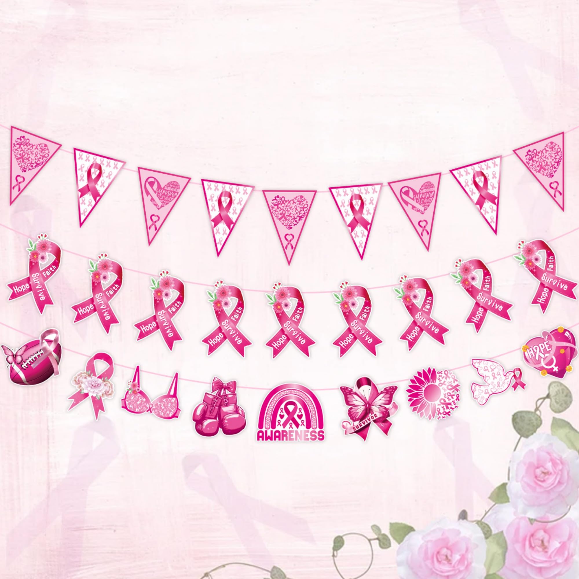 Breast Cancer Awareness Flag Banners 3 Sets Pink Ribbon Hanging Decor