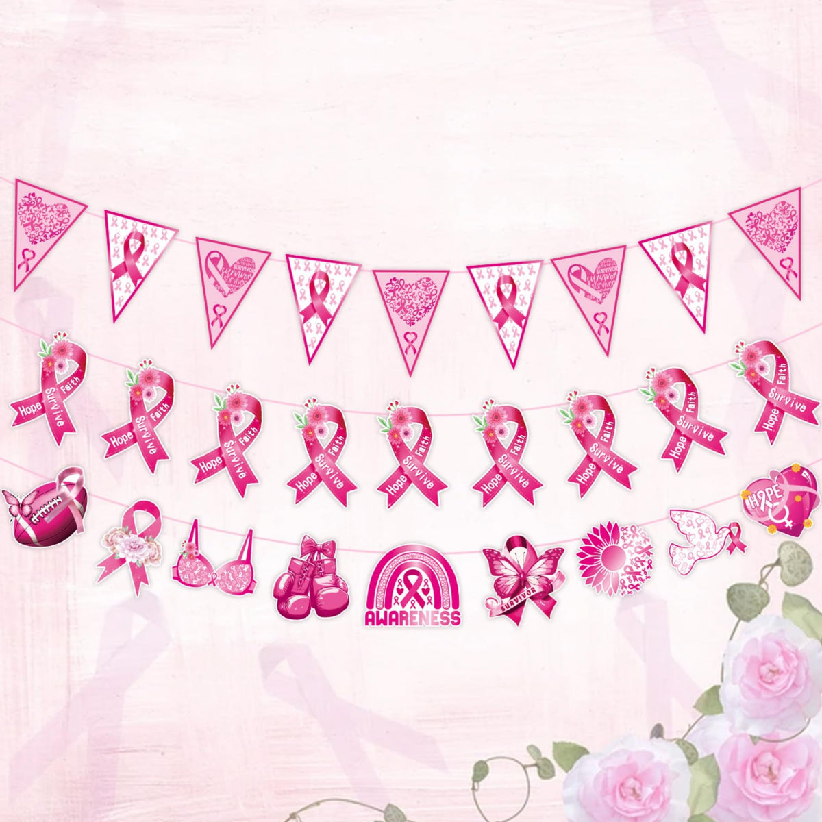 Breast Cancer Awareness Flag Banners 3 Sets Pink Ribbon Hanging Decor