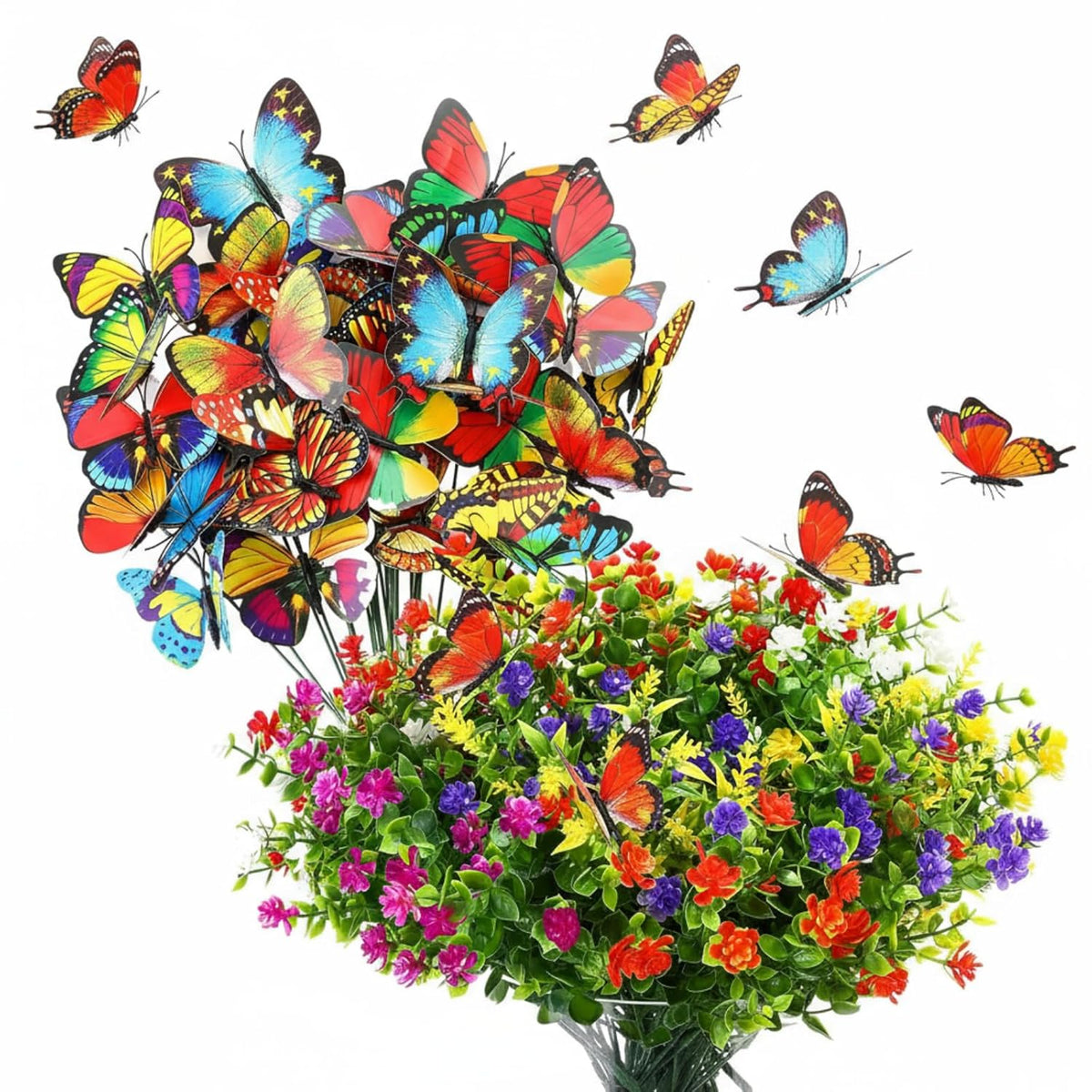 24 Pcs Artificial Flowers And 36 Pcs Butterfly Stakes Uv Resistant Fake Plastic Flowers For Garden Indoor Outside Cemetery Vase Patio Plant Yard Kitchen Easter Wedding Party Decor