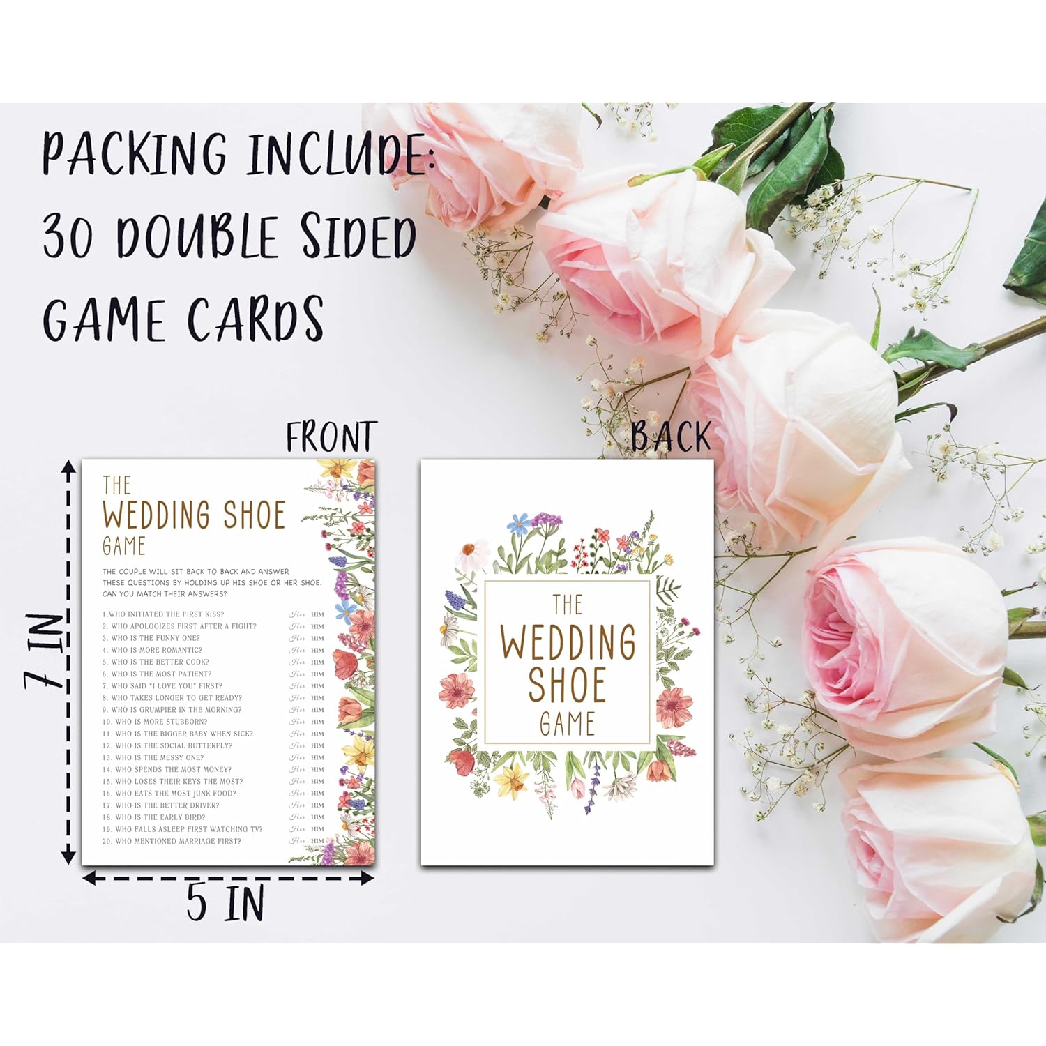 Wildflowers Wedding Shower Games, Wedding Shoe Bridal Shower Games Cards, Spring Flowers Bachelorette Party Game Ideas, Engagement Party Supplies & Activity, Set Of 30 Cards -A07