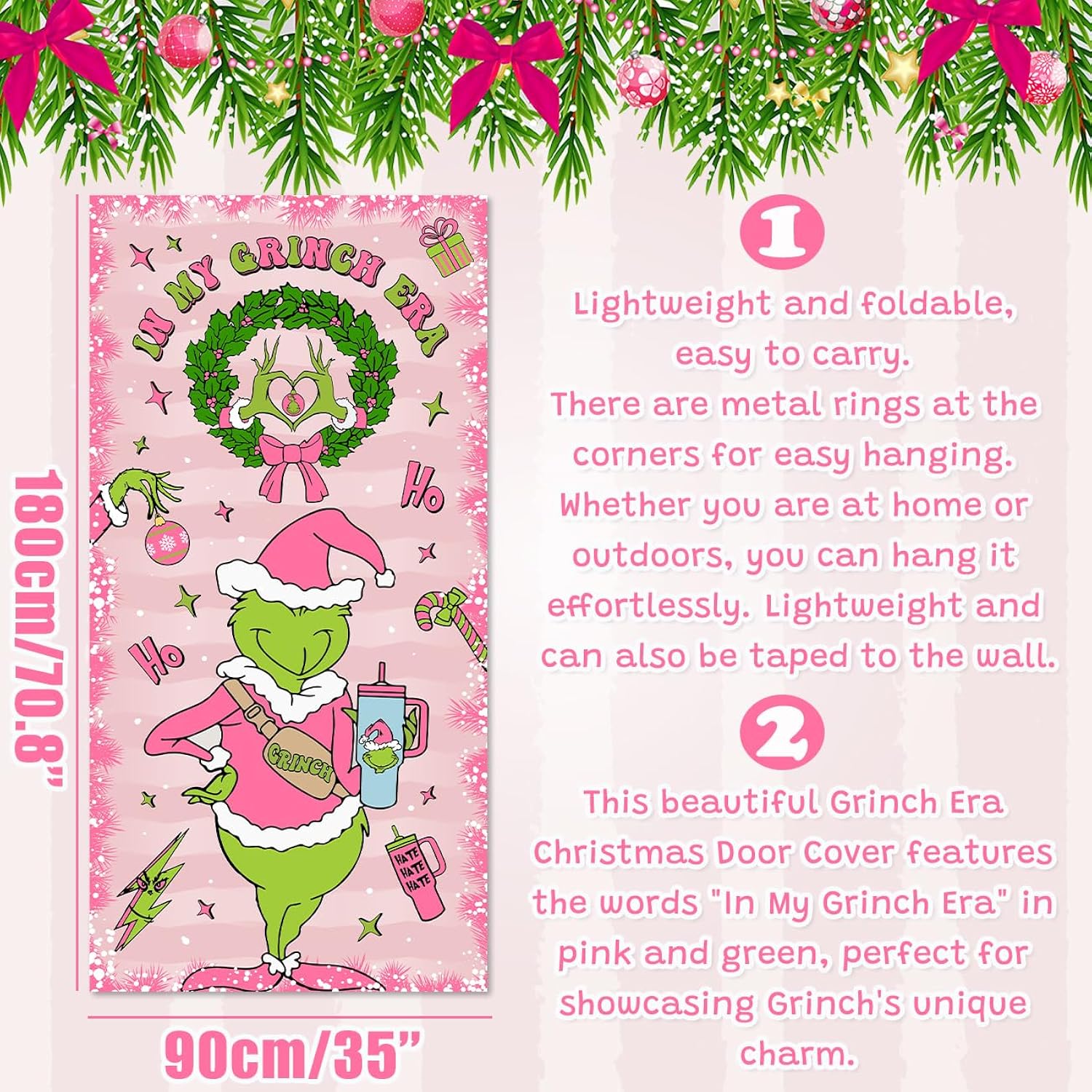 Pink Christmas Banner Door Cover Christmas Door Decorations For Merry Holiday Porch Birthday Party Bridal Shower Supplies 35 * 70 Inch