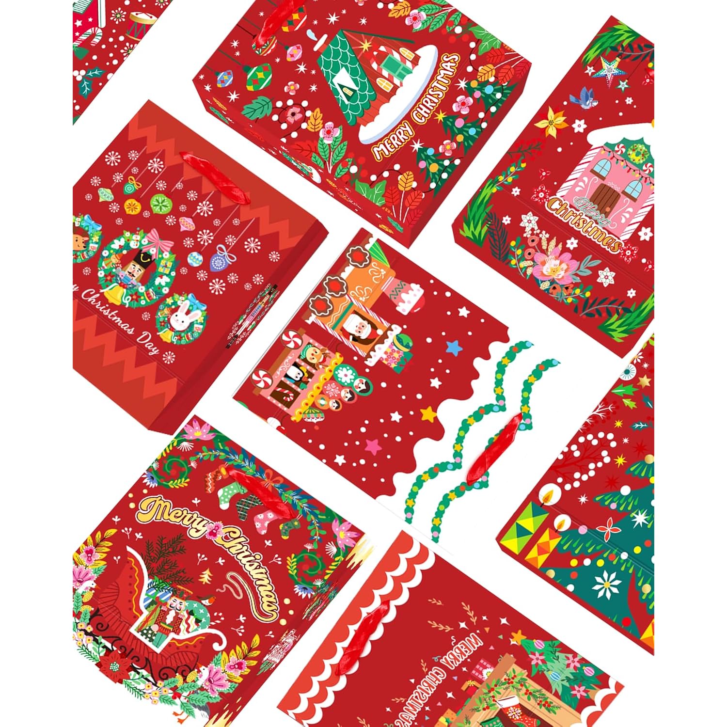 Christmas Gift Bags Set Of 8 - White Bags With Skibobs Design(8Pcs With Different Patterns, 24Pcs Tissue Paper Included, Medium Size 4.3"X 7.7"X 9.6")