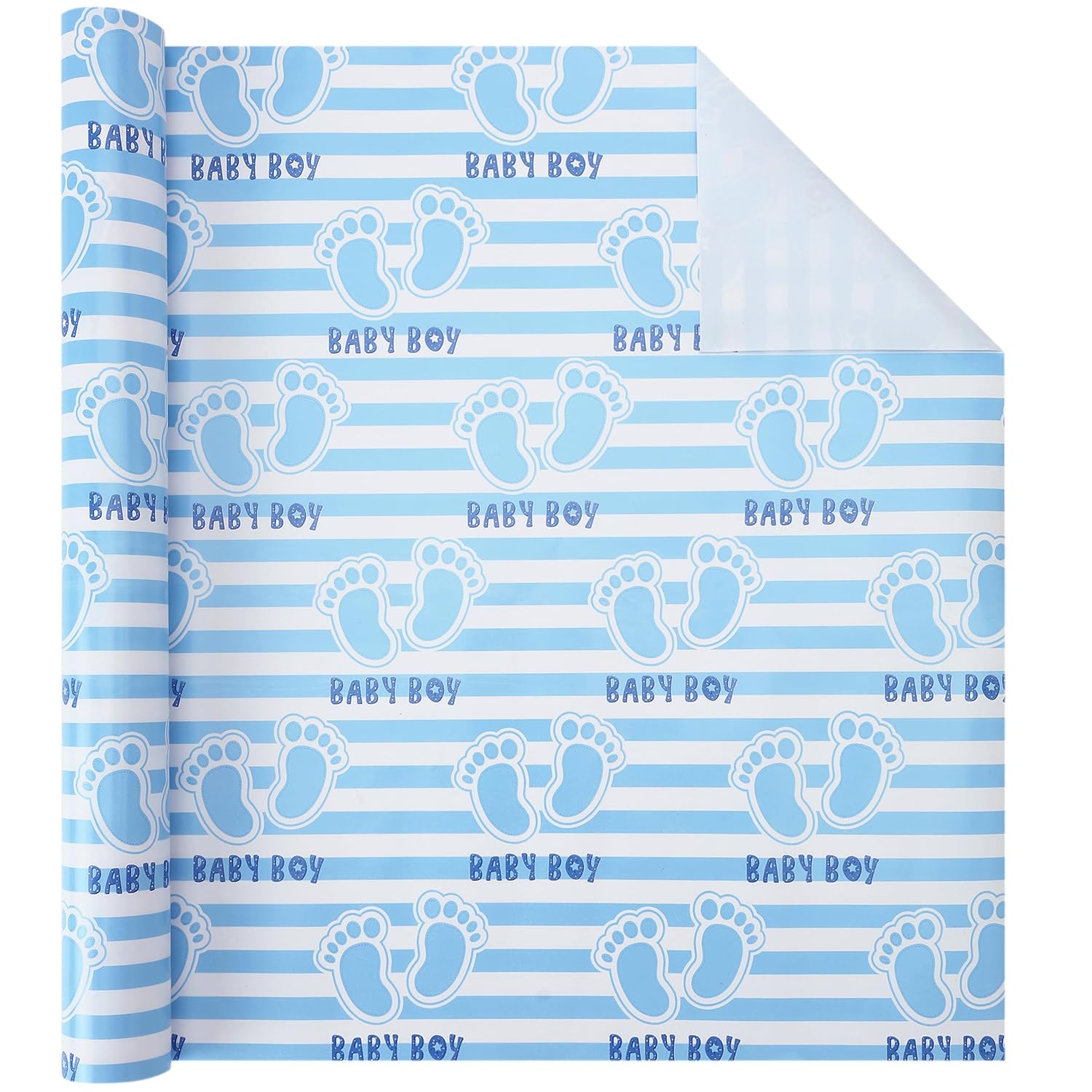 Blue Baby Wrapping Paper Roll-17 Inches X 32.8 Feet, Mini Roll, Footprints And Baby Boy Design Wrap Paper For Baby Shower, Boys' Birthday Party, Newborn, New Moms, Little One, 1St Baby, 1 Roll