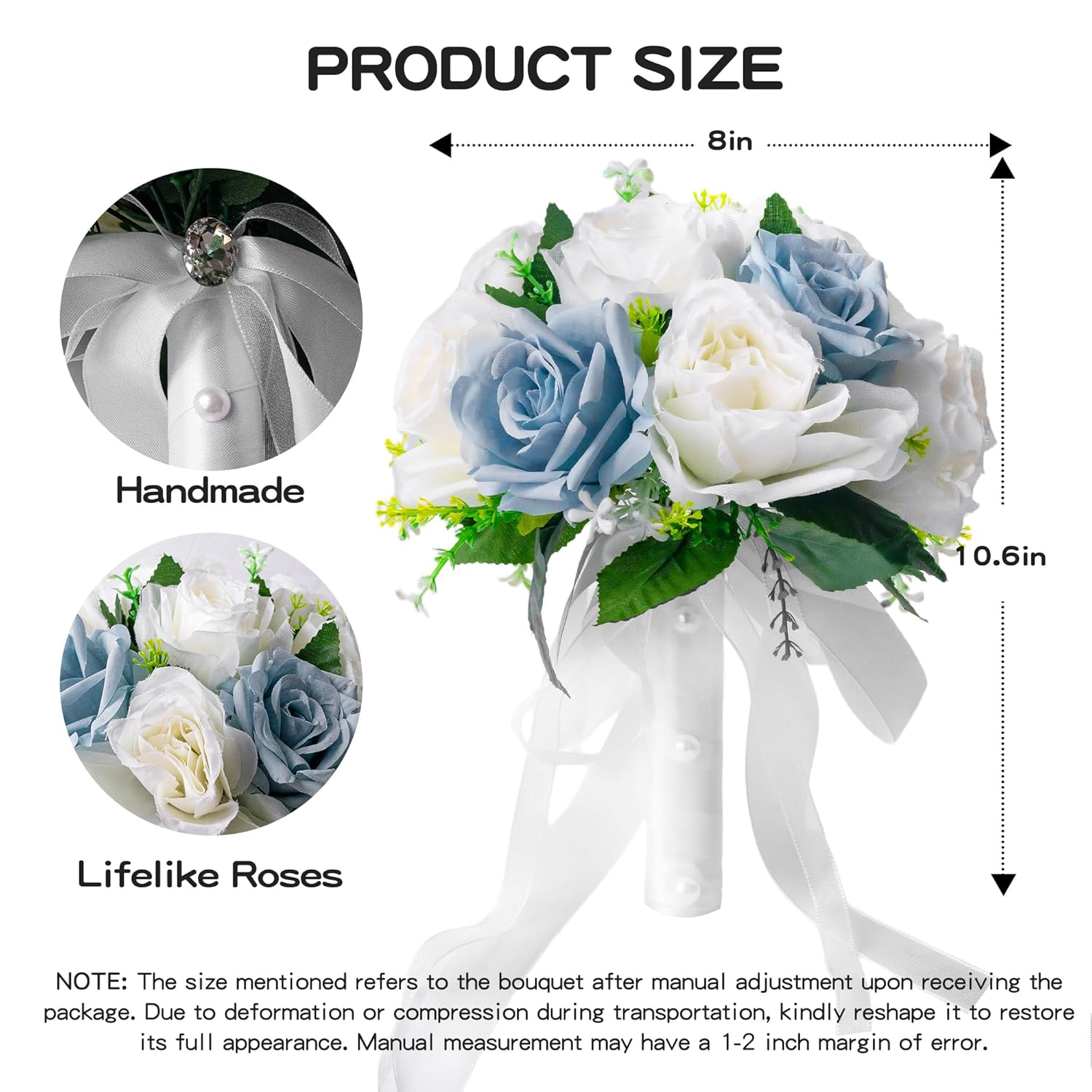 Wedding Bouquets For Bride & Bridesmaid - Realistic Silk Flowers Artificial Roses, 8 Inch Bridesmaid Bouquet For Ceremony, Church, Anniversary, And Home Decoration (White & Blue)
