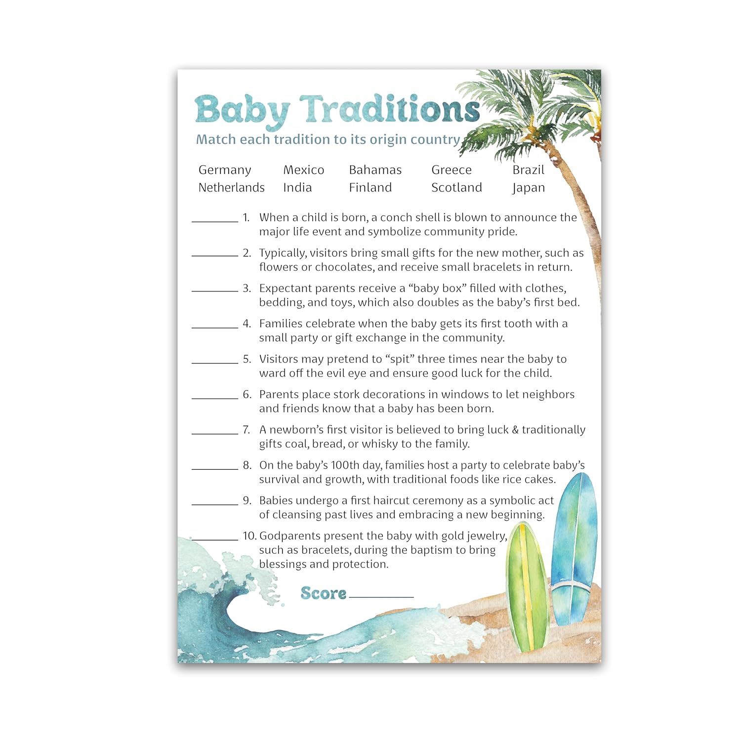 Beach Surf Theme Baby Shower Games — Baby Traditions Around The World Game — Pack Of 25, Outdoors Surfing Baby On Board, Fun Facts Shower Activity, Gender Neutral Co-Ed Couples Shower G940-Btw