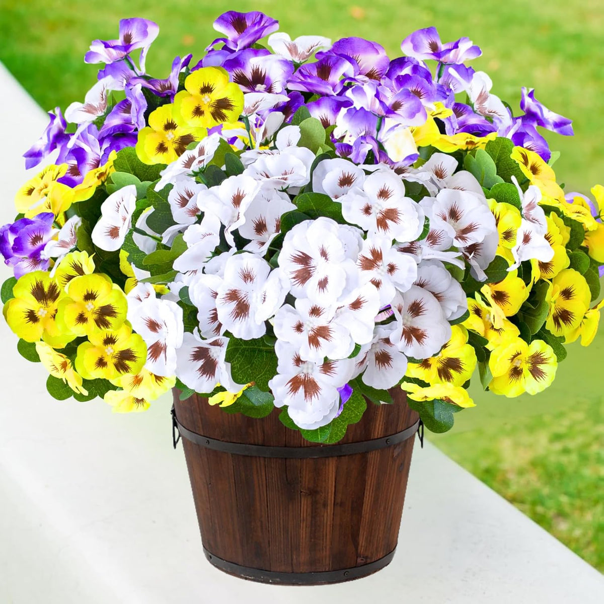 Artificial Fake Pansy Flowers For Outdoor, 24 Bundles Faux Silk Pansies Flowers Wildflowers For Spring Summer Planter Front Door Porch Yard Patio Window Box Home Decor (Purple, Yellow, White)