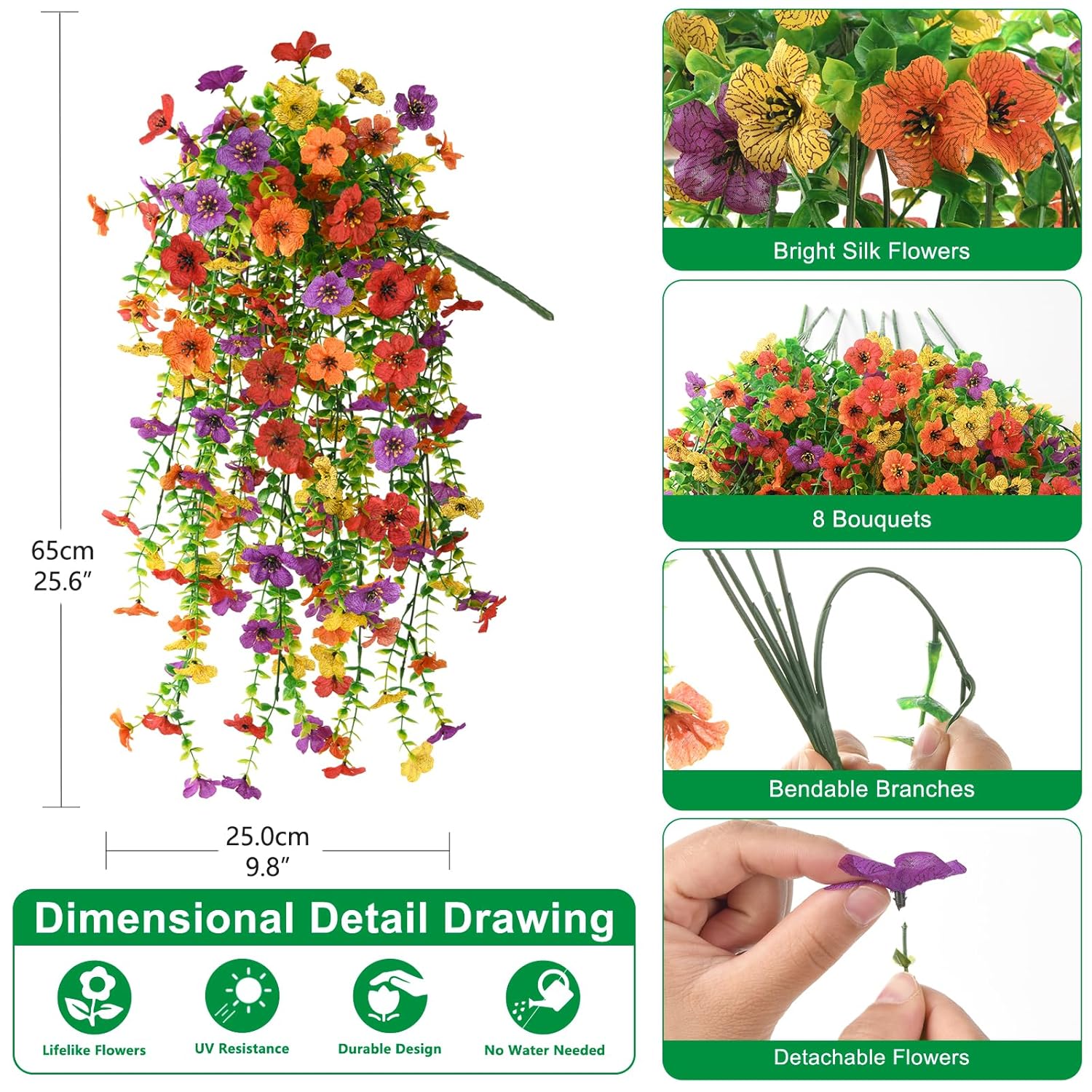 Artificial Hanging Flowers For Outdoor, 8Pcs Fake Flowers Faux Silk Daisy With Eucalyptus Leaves, Uv Resistant Aritificial Outdoor Flowers For Spring Home Patio Balcony Yard Porch Decor