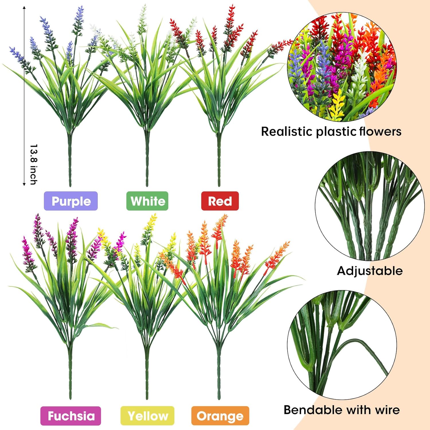 24 Bundles Artificial Flowers For Outdoors, Fake Lavender Flowers Monkey Grass Faux Plastic Plants Shrubs Uv Resistant For Porch Garden Window Box Office Home Decorations, Mixed