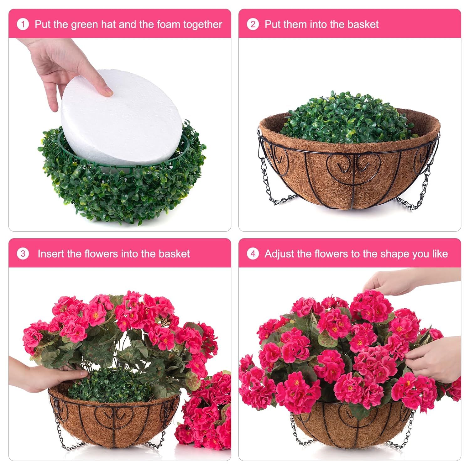 Geraniums Artificial Flowers Hanging Basket For Outdoors Outside Spring Decoration, 8 Bundles Silk Flowers Fake Plants Look Real Uv Resistant For Porch Home Patio Balcony Yard, Hotpink
