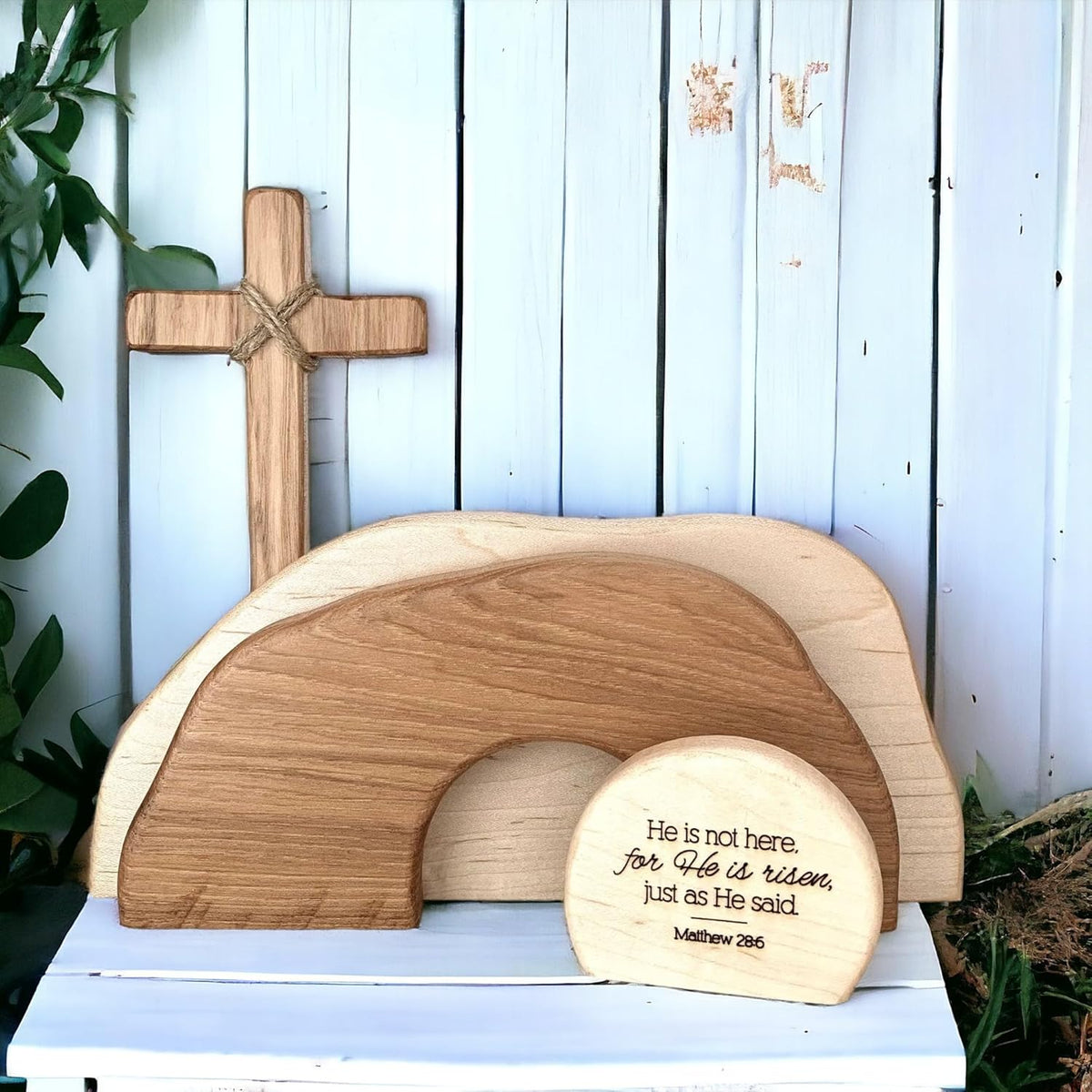 2025 New Empty Tomb Easter Decor Easter Resurrection Scene And Cross Decoration Set, He Is Risen And He Is Not Here Wooden Jesus Sign Tomb Easter Tray Bundle Kit For Home Tabletop Office Crafts (A)