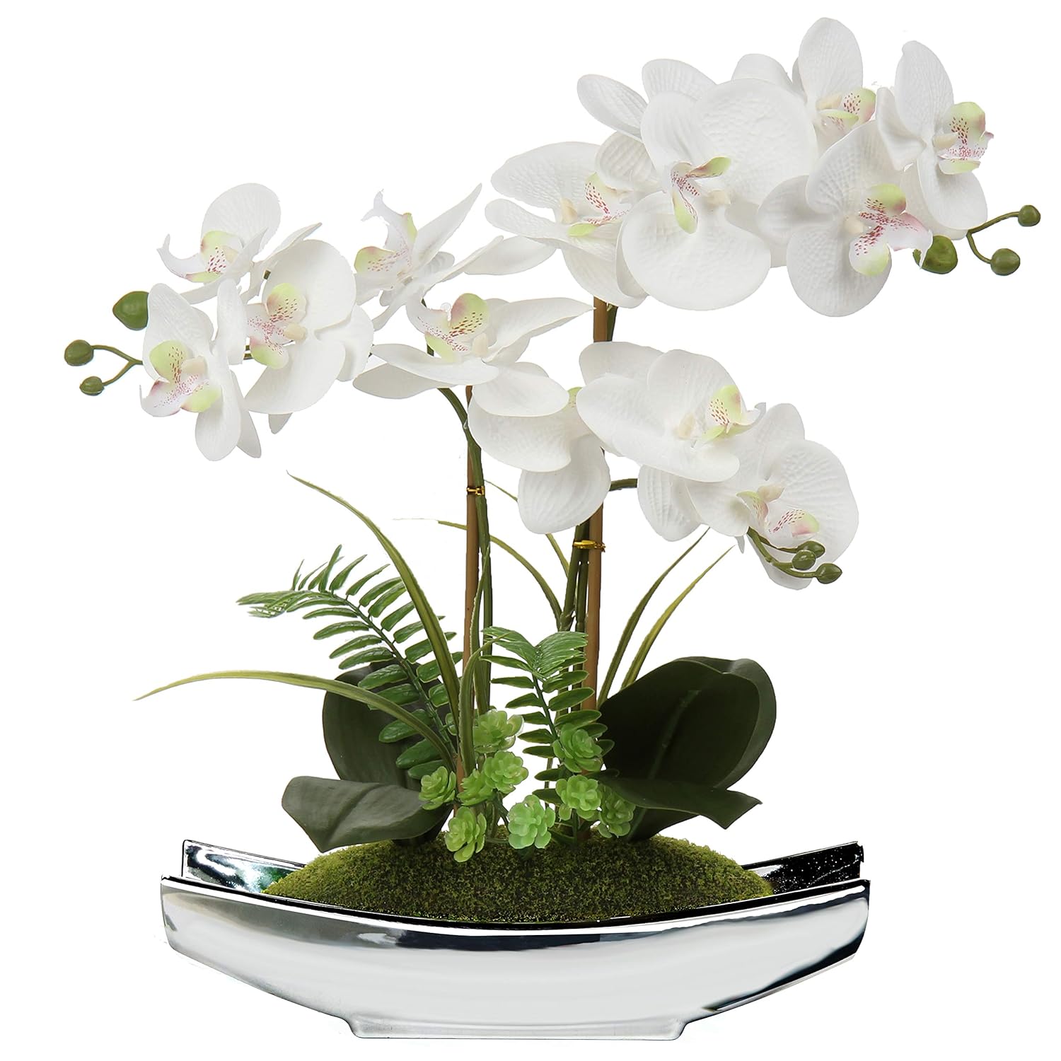 Orchids Artificial Flowers 15" White Phalaenopsis Orchid With Silver Pots Real Touch Faux Orchid Plant For Home Office Living Room Table Decoration